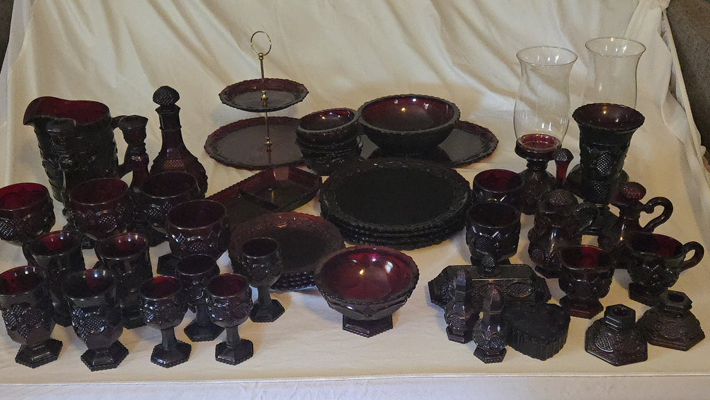 Ruby red pressed glassware (King's Crown/Thumbprint pattern)