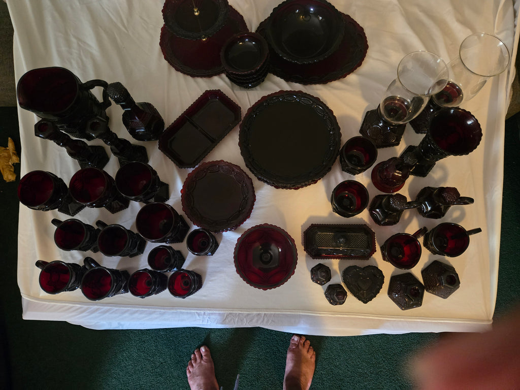 Ruby red pressed glassware (King's Crown/Thumbprint pattern)