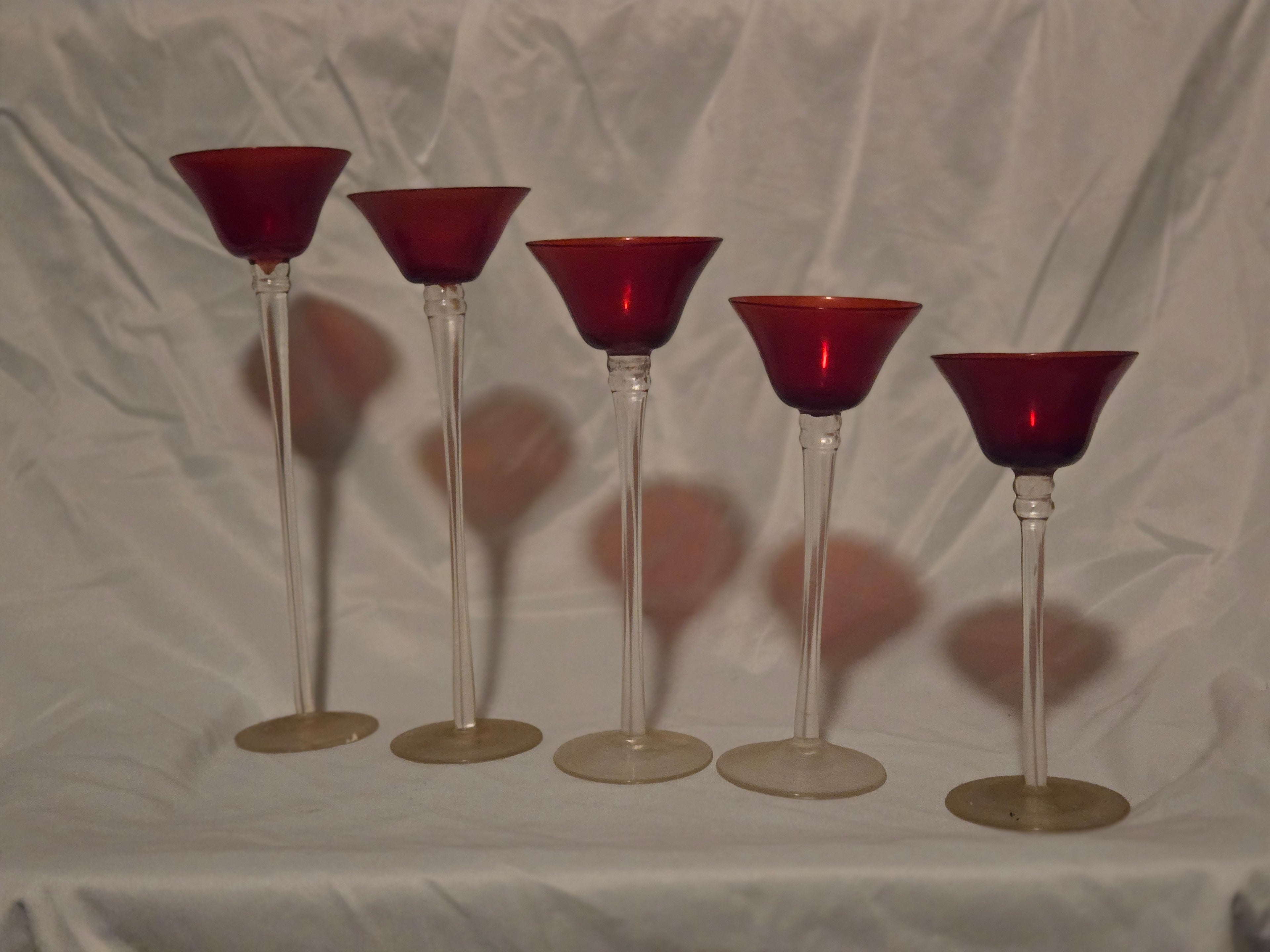 Five Ruby Red Glass hanging candle holders